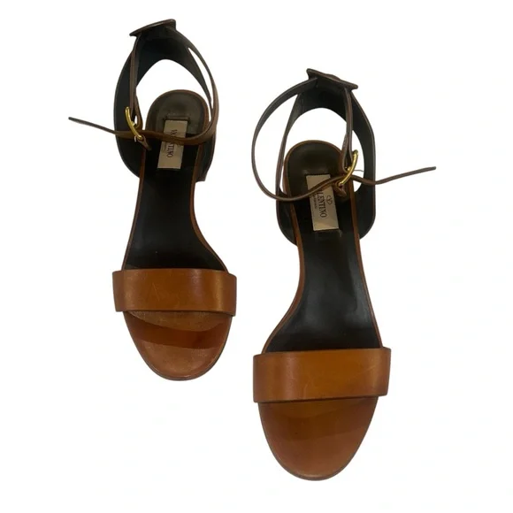 Valentino Garavani Leather Ankle Strap Embossed V Logo 2 Block Heel Sandals